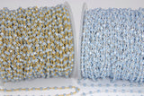 Baby Blue Chalcedony AB Rosary Gold Chain, Black or Silver Wire Wrapped Chains CH #325, 4 mm Beaded Unfinished