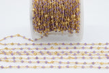 22k Gold Plated Amethyst Chain, Pyrite 4 mm Chains for Jewelry Making, Wire Wrapped Purple Beads Unfinished Chains