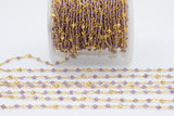 22k Gold Plated Amethyst Rosary Chain, Pyrite 4 mm Chains for Jewelry Making, Wire Wrapped Purple Beads Unfinished Chains