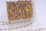 22k Gold Plated Amethyst Rosary Chain, Pyrite 4 mm Chains for Jewelry Making, Wire Wrapped Purple Beads Unfinished Chains