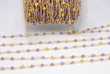 22k Gold Plated Amethyst Chain, Pyrite 4 mm Chains for Jewelry Making, Wire Wrapped Purple Beads Unfinished Chains