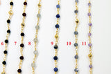 22k Gold Plated Sapphire Rosary Chain, Pyrite 4 mm Chains for Jewelry Making, Wire Wrapped Blue Beads Unfinished Chains