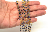 22k Gold Plated Sapphire Chain, Pyrite 4 mm Chains for Jewelry Making, Wire Wrapped Blue Beads Unfinished Chains