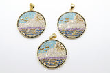 CZ Micro Pave Beach Scene Pendant, Gold Tropical Ocean Waves #802, Birds