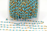 Blue Turquoise Beaded Chain, 4 mm Wire Wrapped Gold Pyrite Blue Howlite Chain for Necklace Chains, By the Foot