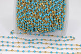 Blue Turquoise Beaded Chain, 4 mm Wire Wrapped Gold Pyrite Blue Howlite Chain for Necklace Chains, By the Foot