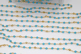 Blue Turquoise Rosary Beaded Chain, 4 mm Wire Wrapped Gold Pyrite Blue Howlite Chain for Necklace Chains, By the Foot