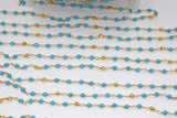 Blue Turquoise Rosary Beaded Chain, 4 mm Wire Wrapped Gold Pyrite Blue Howlite Chain for Necklace Chains, By the Foot