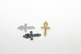 CZ Micro Pave Cross Connector, Gold or Silver Black Egyptian Ankh Crux #890, Ansata Coptic Cross for Bracelet or Necklace