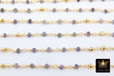 22k Gold Plated Iolite Rosary Chain, Pyrite 4 mm Chains for Jewelry Making, Wire Wrapped Water Sapphire Beads Unfinished