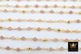 22 k Gold Natural Strawberry Quartz Chain, Unfinished 4 mm Gold Pyrite Beaded Wire Wrapped Pink by the Foot Diamond Cut Gemstone