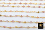 22 k Gold Natural Strawberry Quartz Rosary Chain, Unfinished 4 mm Gold Pyrite Beaded Wire Wrapped Pink by the Foot Diamond Cut Gemstone