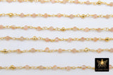 22 k Gold Natural Sunstone Chain, Unfinished 4 mm Gold Pyrite Beaded Wire Wrapped by the Foot Diamond Cut Gemstone