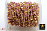 22 k Gold Natural Pink Tourmaline Chain, Unfinished 4 mm Gold Pyrite Beaded Wire CH #449 Wrapped Fuchsia Diamond Cut Gemstone Beads