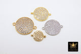 CZ Micro Pave Round Disc Pendant, 18 k Gold 10 mm Connectors Circle, Silver Clear Cubic Zirconia Earring Components