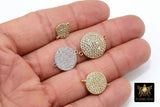 CZ Micro Pave Round Disc Pendant, 18 k Gold 10 mm Connectors Circle, Silver Clear Cubic Zirconia Earring Components
