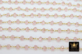 Pink Crystal Rosary Chain, 6 mm Unfinished Bead Chains CH #333, Gold Wire Wrapped Chain