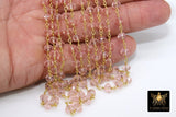 Pink Crystal Rosary Chain, 6 mm Unfinished Bead Chains CH #333, Gold Wire Wrapped Chain