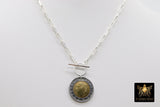 Silver Coin Necklace, 925 Sterling Silver Medallion Toggle Wrap Necklace, Rectangle Chain Tiger or 6 other Gold Coin