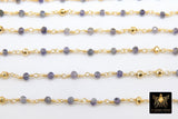 22k Gold Plated Iolite Rosary Chain, Pyrite 4 mm Chains for Jewelry Making, Wire Wrapped Water Sapphire Beads Unfinished