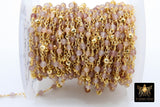 22 k Gold Natural Strawberry Quartz Chain, Unfinished 4 mm Gold Pyrite Beaded Wire Wrapped Pink by the Foot Diamond Cut Gemstone