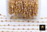 22 k Gold Natural Strawberry Quartz Chain, Unfinished 4 mm Gold Pyrite Beaded Wire Wrapped Pink by the Foot Diamond Cut Gemstone