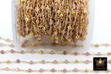 22 k Gold Natural Strawberry Quartz Rosary Chain, Unfinished 4 mm Gold Pyrite Beaded Wire Wrapped Pink by the Foot Diamond Cut Gemstone