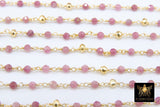 22 k Gold Natural Pink Tourmaline Rosary Chain, Unfinished 4 mm Gold Pyrite Beaded Wire CH #449 Wrapped Fuchsia Diamond Cut Gemstone Beads