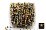 Blue Green Titanium Crystal Beaded Purple Chain 4 mm CH #531, 22 k Gold Wire Wrapped, Unfinished Chains