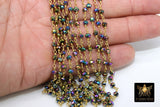 Blue Green Titanium Crystal Beaded Rosary Purple Chain 4 mm, 22 k Gold Wire Wrapped