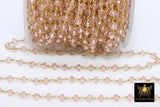 Pink Crystal Rosary Chain, 6 mm Unfinished Bead Chains CH #333, Gold Wire Wrapped Chain