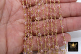 Pink Crystal Rosary Chain, 6 mm Unfinished Bead Chains CH #333, Gold Wire Wrapped Chain