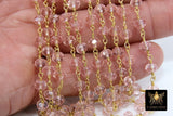 Pink Crystal Chain, 6 mm Unfinished Bead Chains CH #333, Gold Wire Wrapped Chain