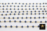 22 k Gold Plated Sapphire Blue Crystal Rosary Chain CH #425, 4 mm Unfinished Bead Wire Wrapped Chains