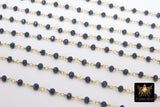 22 k Gold Plated Sapphire Blue Crystal Rosary Chain CH #425, 4 mm Unfinished Bead Wire Wrapped Chains