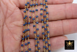 22 k Gold Plated Sapphire Blue Crystal Rosary Chain CH #425, 4 mm Unfinished Bead Wire Wrapped Chains