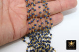 22 k Gold Plated Sapphire Blue Crystal Rosary Chain CH #425, 4 mm Unfinished Bead Wire Wrapped Chains