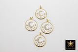 CZ Moon and Stars Charms, White and Gold Pave Round Disc #322, Multi Color Cubic Zirconia for Bracelet or Necklace Jewelry