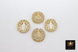 Gold Jesus Virgin Mary Charms, CZ Micro Pave Connector Beads or Slide Bead Pendants # 598, Gold Round Disc CZ Beads