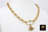 Queen Bubble Bee Necklace, Vintage Rolo Chain Gold Screw Clasp Chunky Statement Jewelry