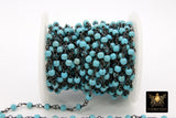 Turquoise Rosary Blue Beaded Chain, 4 mm Wire Wrapped CH #521, 6 mm Gunmetal Black