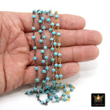 Turquoise Rosary Blue Beaded Chain, 4 mm Wire Wrapped CH #524, Silver Plated