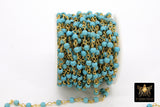 Turquoise Rosary Blue Beaded Chain, 4 mm Wire Wrapped CH #521, 6 mm Gunmetal Black