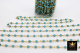 Turquoise Rosary Blue Beaded Chain, 4 mm Wire Wrapped CH #524, Silver Plated