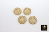 Gold Jesus Virgin Mary Charms, CZ Micro Pave Connector Beads or Slide Bead Pendants # 598, Gold Round Disc CZ Beads