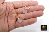 Huggie Hoop Earrings, Rose Quartz Gold Hoops, CZ Square Pink Gemstone Earring