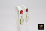 Green Amethyst and Pink Tourmaline Stud Earrings, Gold, 925 Teardrop Gemstone