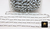 White Opal Beaded Silver Chain, Black or Gold Wire Wrapped CH# 316, 4 mm Opalite Clear Chain