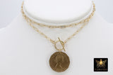 Coin Necklace, Medallion 14 K Gold Toggle Double Wrap Lion Tiger Choker, Queen Elizabeth Rectangle Chain