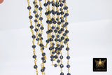 Gunmetal Black Rosary Chain, Charcoal Navy 4 mm Gold Wire Wrapped Bead Chains for Jewelry Making Bulk Beaded Rosary